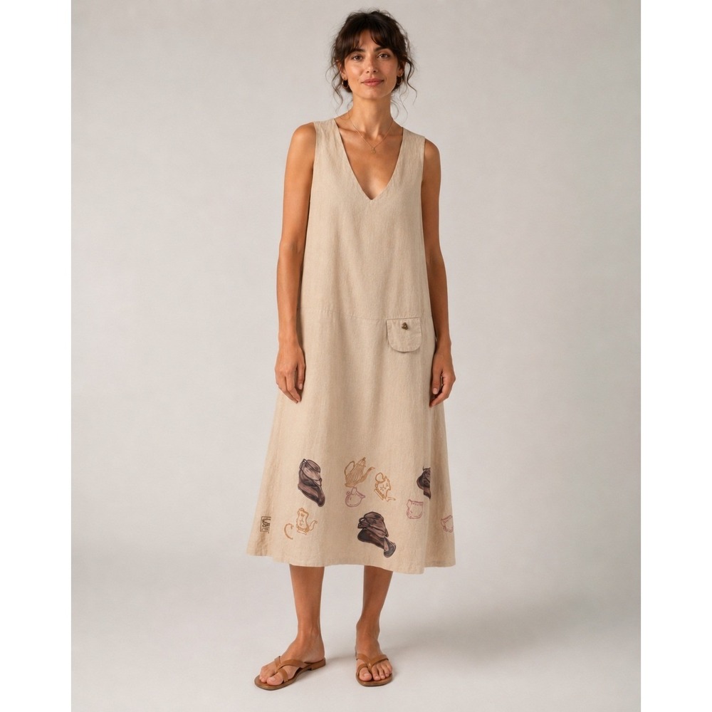 Blue Fish VTG 1999 Maxi Dress Womens XL Tan Linen Coffee Tea Pot Print Pocket